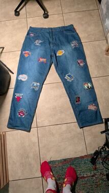 NWT Vintage UNK Denim NBA All Team Logos Patches Baggy Jeans Mens Size 42 Y2K